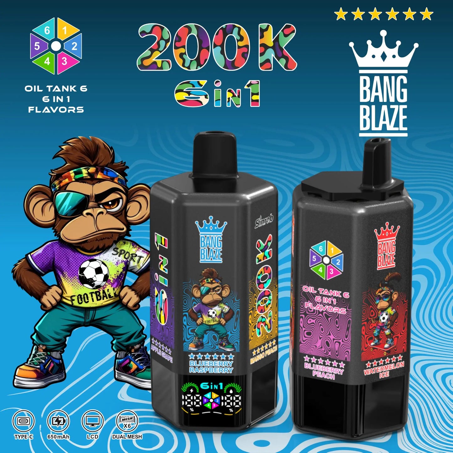 Bang Blaze 200000 200K Puffs 6 in 1 Flavors & 6 oil tanks Rechargeable LCD Display Disposable Vape