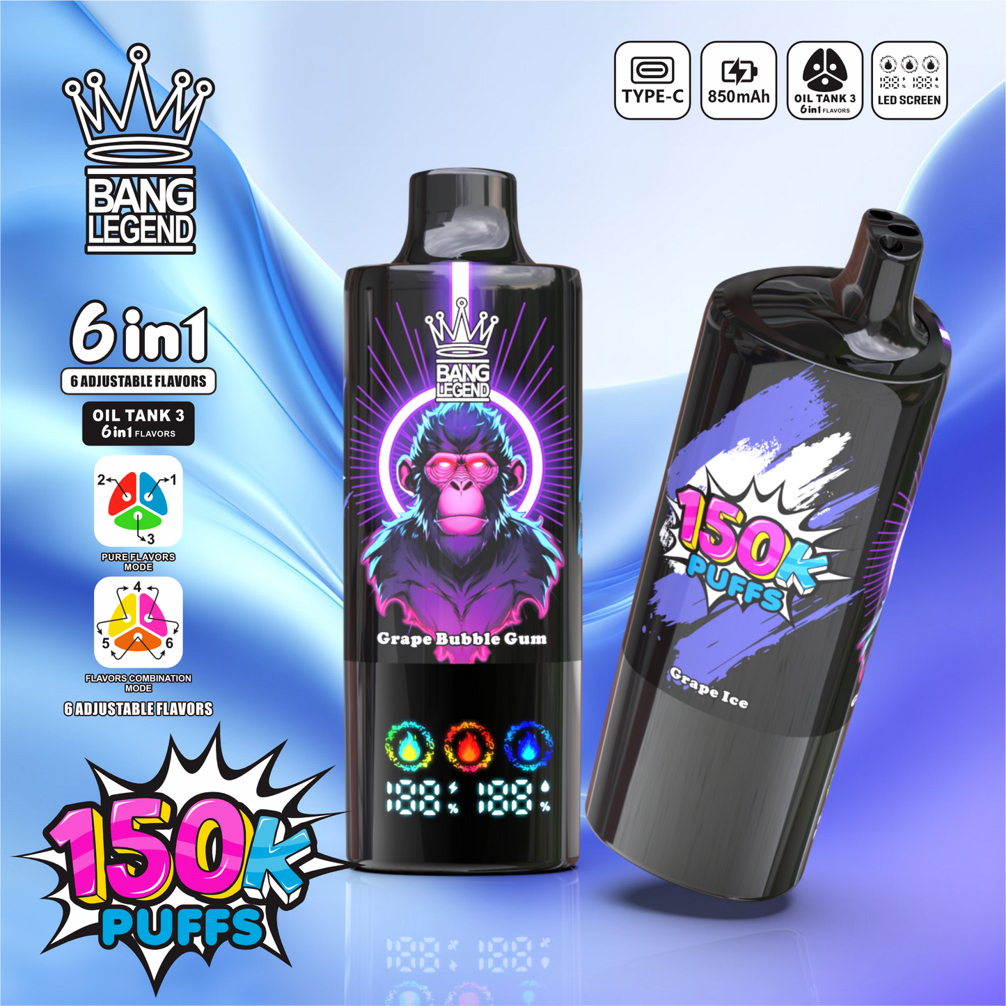 Bang Legend 150000 150K Puffs 6 in 1 Flavors Newest Original Rechargeable LED Display Disposable Vape