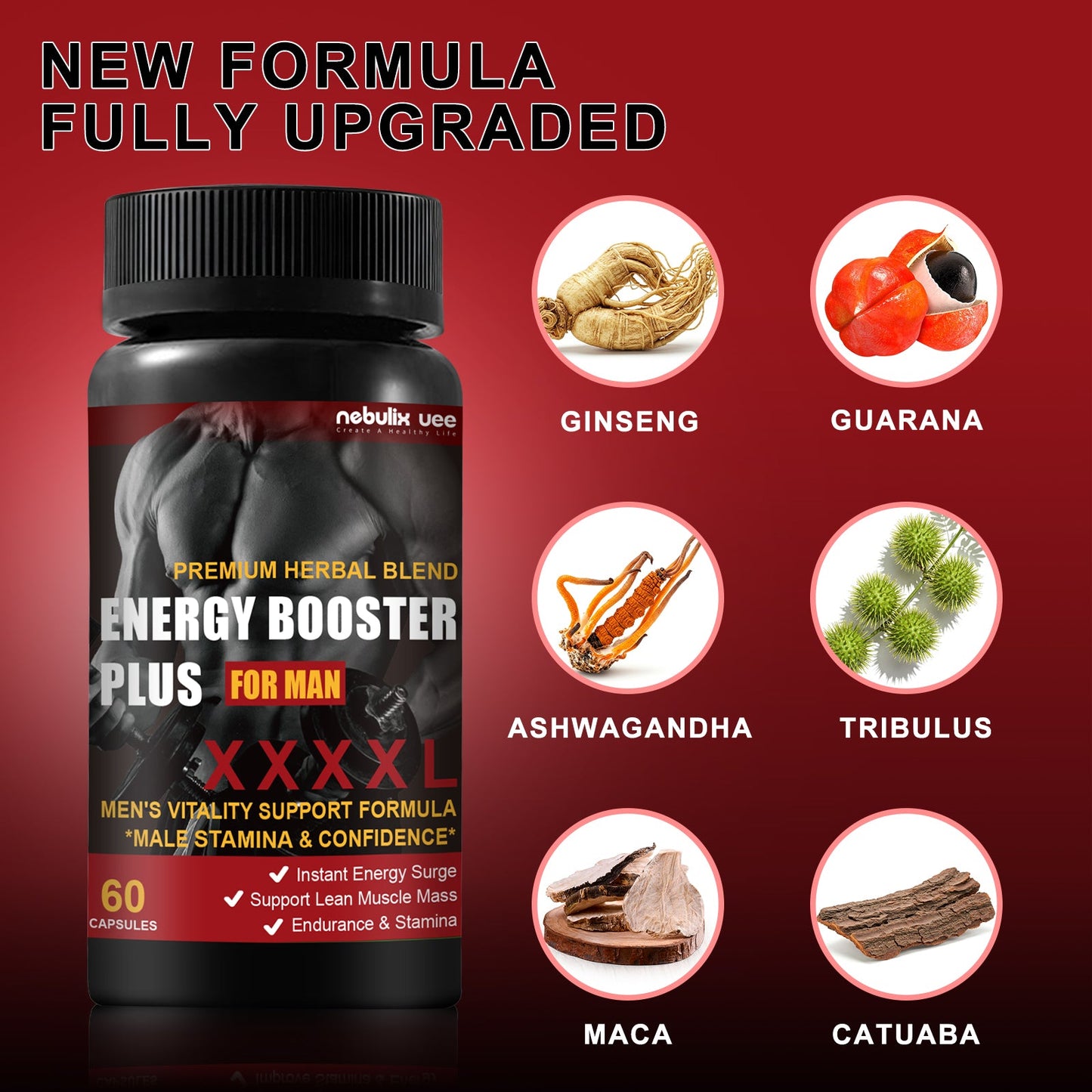 Männer Vitamin-Energie-Ergänzung 60 Tabletten - Energie-Booster Plus für Männer, unterstützt die männliche Ausdauer & Selbstvertrauen. Ausdauer & Leistungsfähigkeit