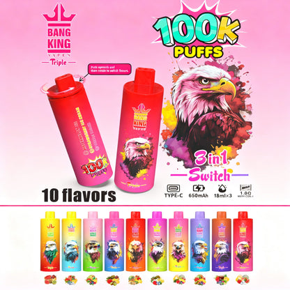 Bang King Triple 100000 100K Puffs 3 in 1 Flavors Original Rechargeable Disposable Vape