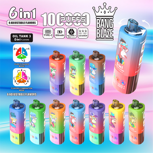 Bang Blaze 100000 100K Puffs 6 in 1 Flavors Newest Original Rechargeable LED Display Disposable Vape