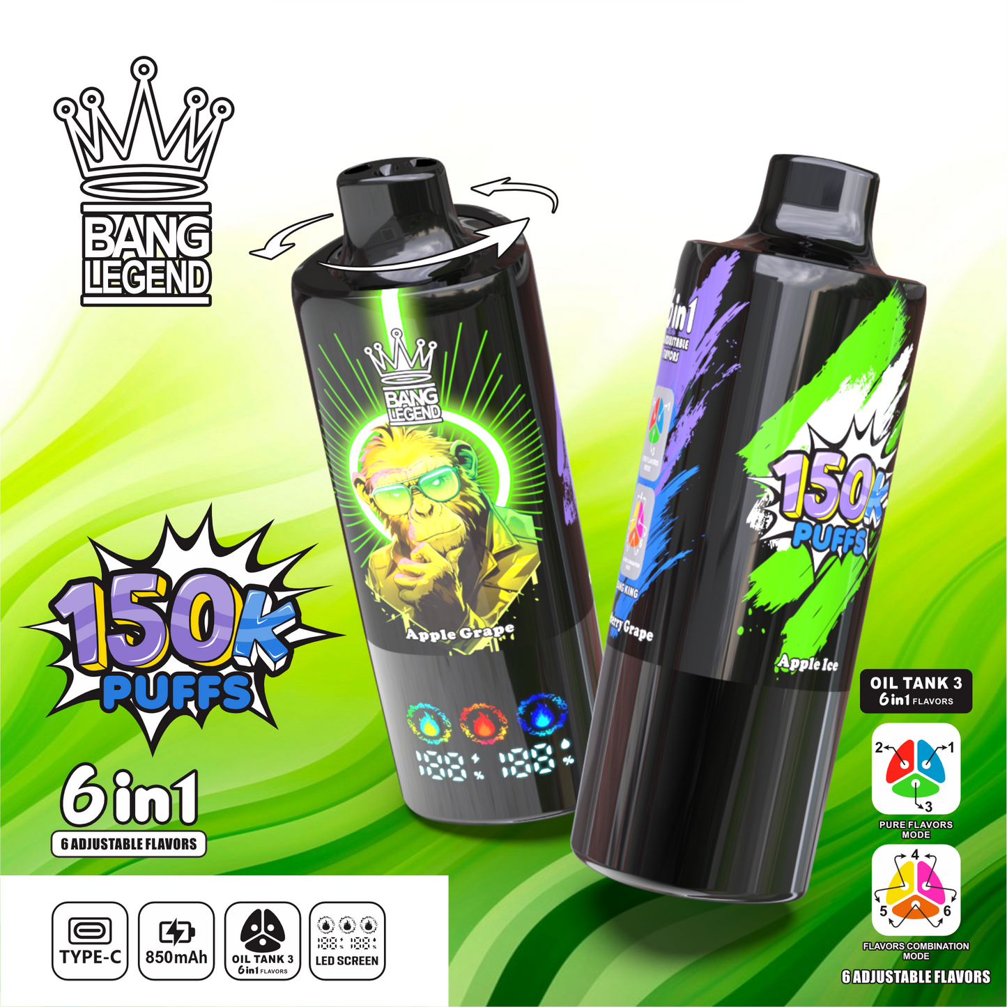 Bang Legend 150000 150K Puffs 6 in 1 Flavors Newest Original Rechargeable LED Display Disposable Vape
