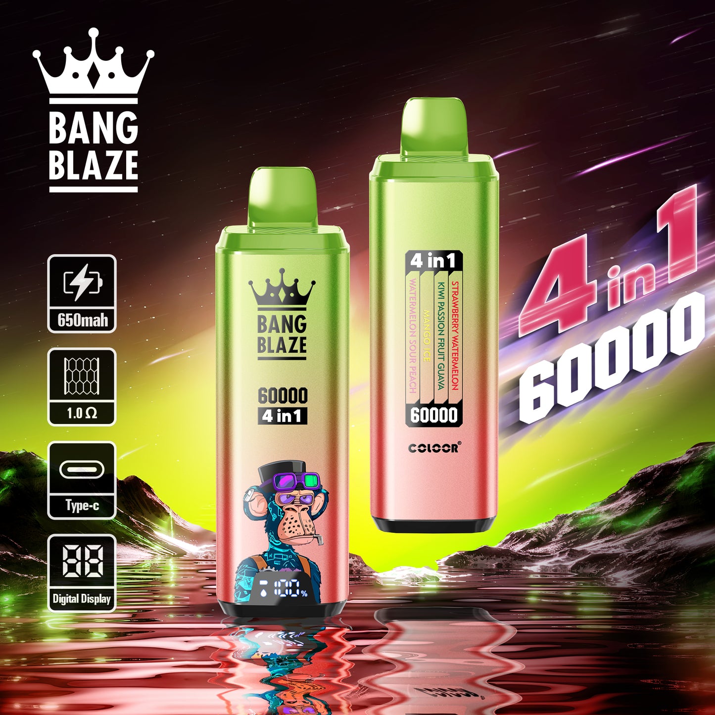 Bang Blaze 60000 – 4 flavors in a single device! 🔥 Fast shipping in 1–5 days. 🚚 Tax- and duty-free. 💨 Up to 60,000 puffs of pure flavor! Buy it now and save! ⚡