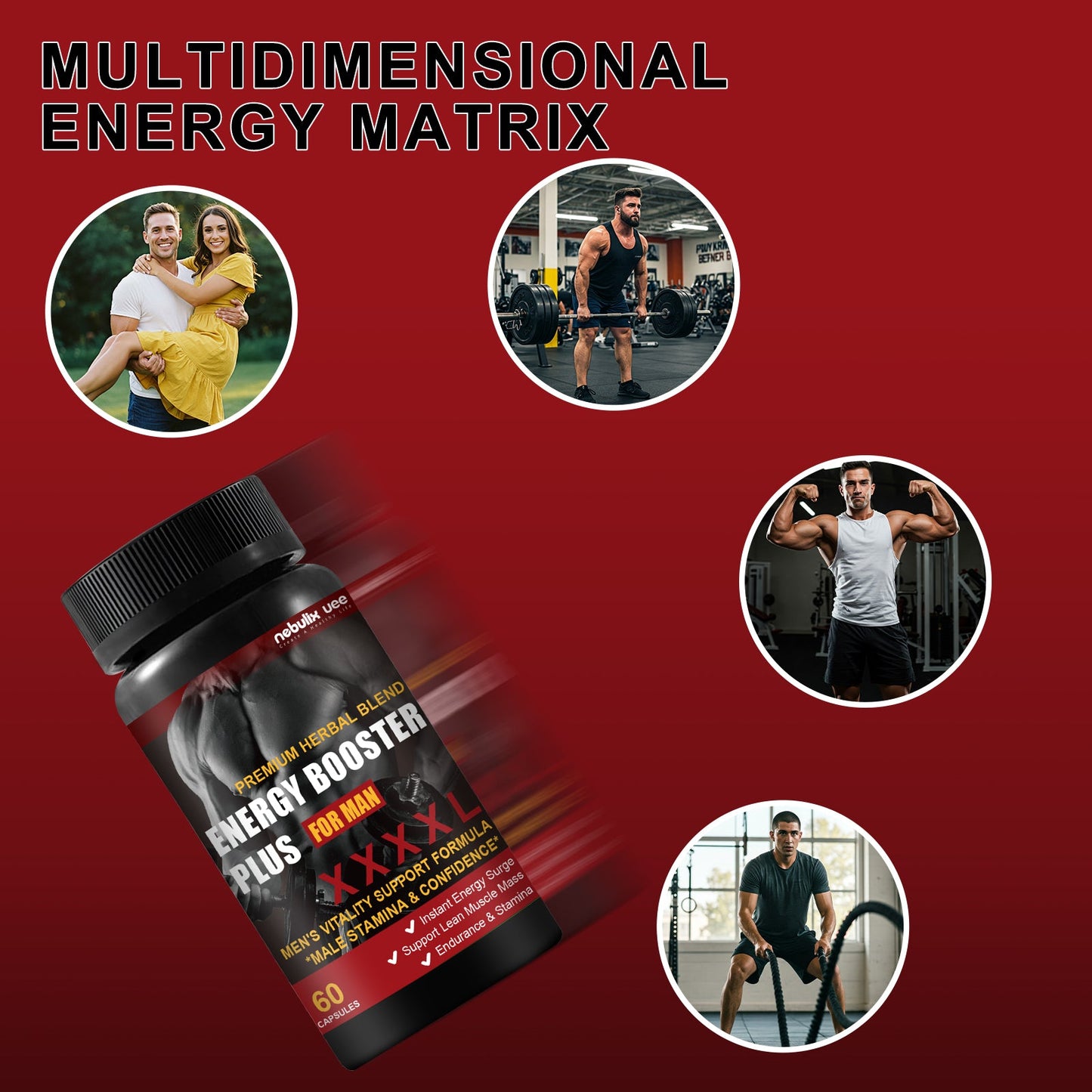 Männer Vitamin-Energie-Ergänzung 60 Tabletten - Energie-Booster Plus für Männer, unterstützt die männliche Ausdauer & Selbstvertrauen. Ausdauer & Leistungsfähigkeit