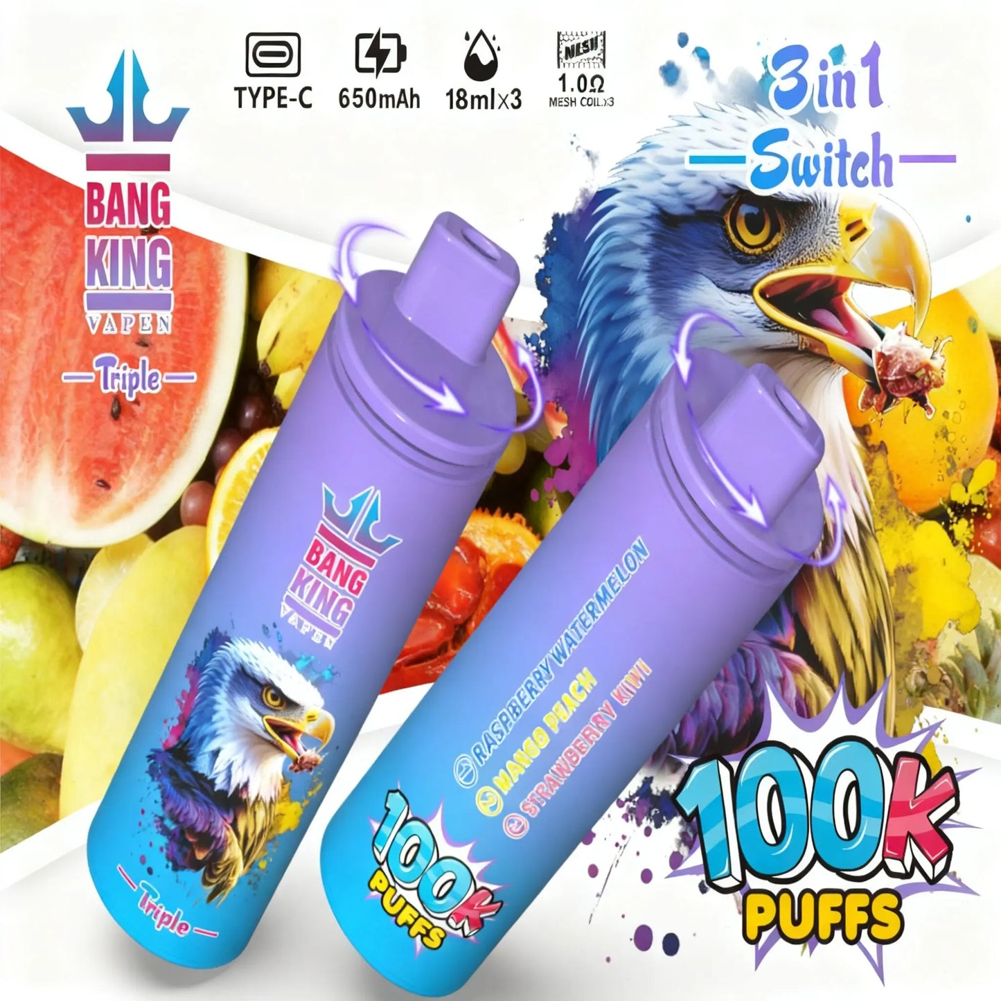 Bang King Triple 100000 100K Puffs 3 in 1 Flavors Original Rechargeable Disposable Vape